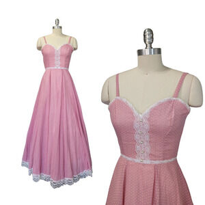 Gunne Sax Pink Swiss Dot Maxi Dress Size XS 5 Calico Vintage 70s Prairie